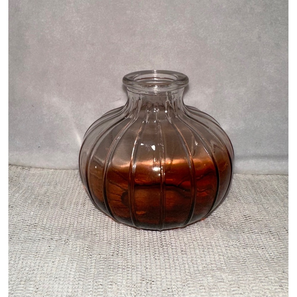 Amber‎ Glass Ribbed Bud Vase Small Round Bottle Unique Accent Decor